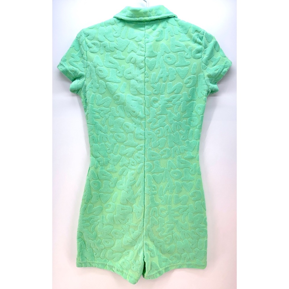 Green Textured Terry Letter Button Front Romper Sz M Y2K Beach Babe Dopamine - Picture 3 of 10